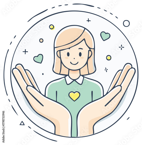 Happy woman gently held by large hands concept of support and wellbeing