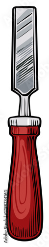 Illustration of a Wood Chisel Tool with a Red Handle for Woodworking