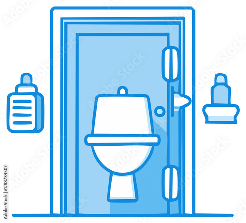 Blue hand drawn icon of a toilet in a restroom stall with dispensers