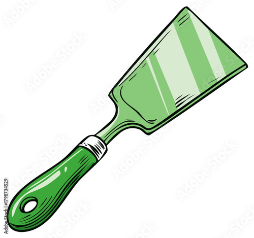 Green kitchen spatula or cake server in a hand drawn comic style illustration