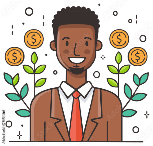 Smiling Black businessman surrounded by growing money plants with dollar coins