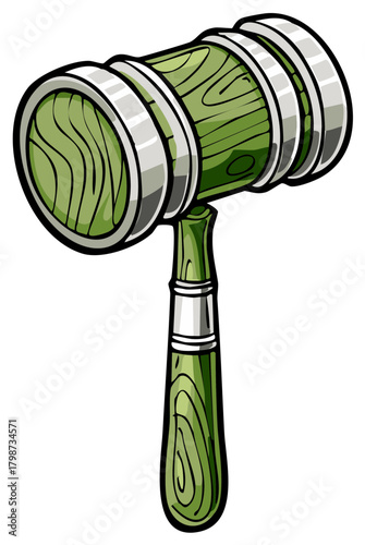 Green wooden gavel with metal bands isolated on white background cartoon style illustration