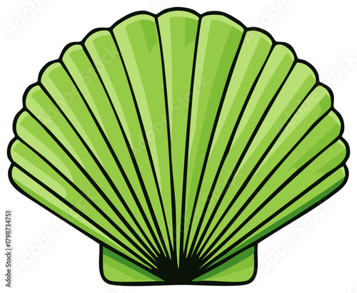 Illustrative lime-colored seashell with black outline, ocean or sea life symbol, nautical design element