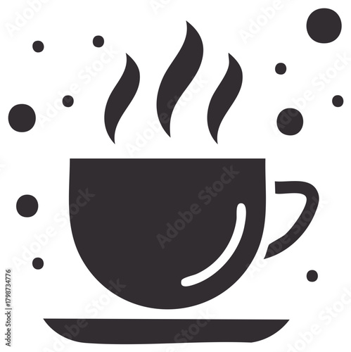 Steaming drink cup on saucer with dots around it, minimalist dark glyph