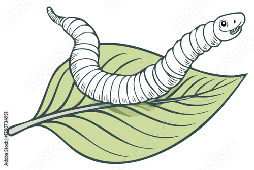 Charming hand drawn illustration of a smiling cartoon silkworm or caterpillar on a green leaf