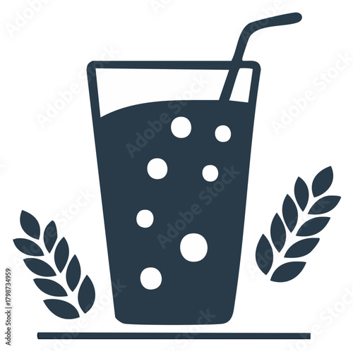 Glass with sparkling beverage, straw, and wheat ears icon illustration