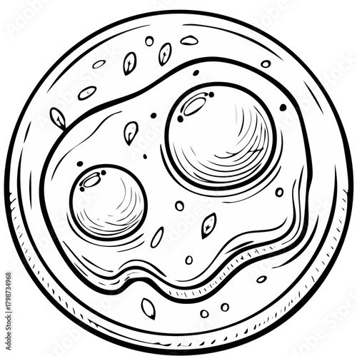 Line drawing of a plate with two fried eggs and scattered herbs, top view.