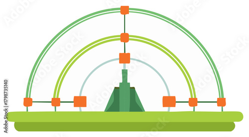 Futuristic green technology network showing a central hub and abstract data communication connections