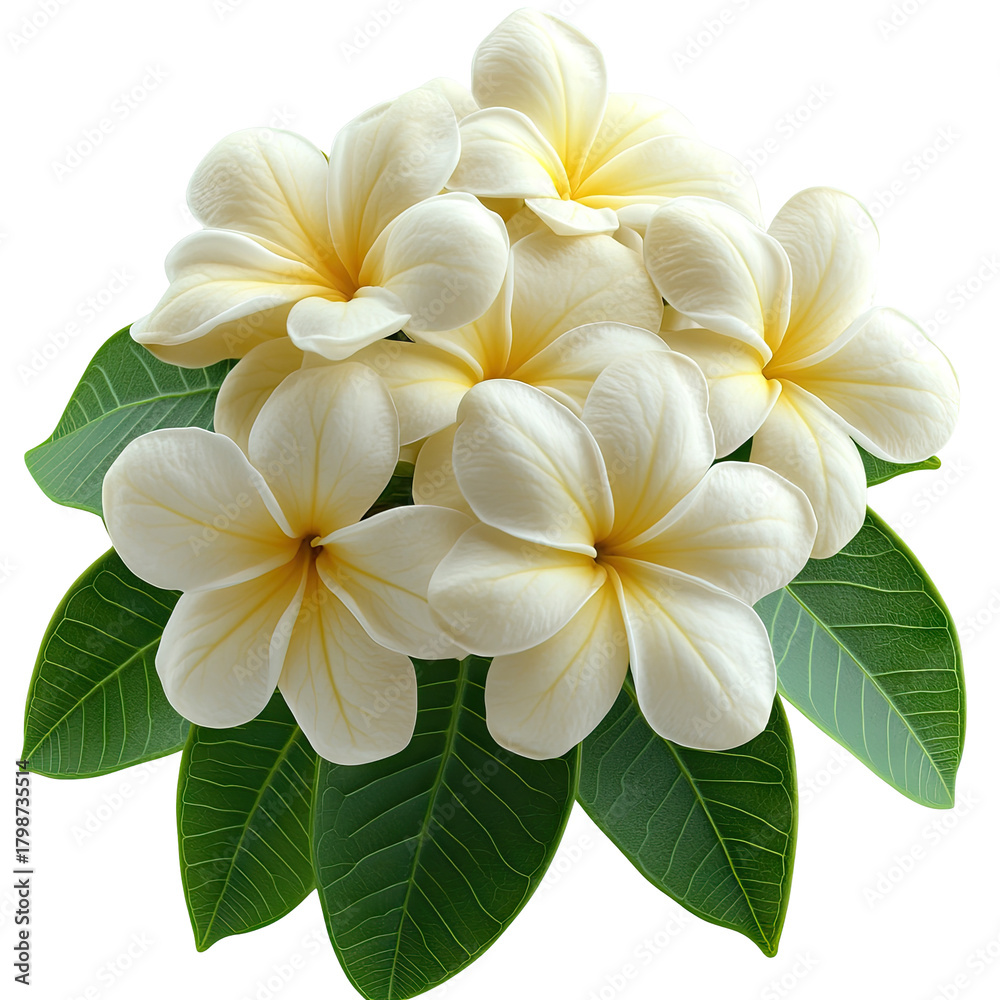 Fototapeta premium Creamy frangipani blossoms with green leaves, elegant