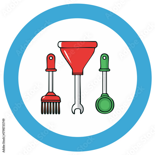 Flat design illustration of colorful household cleaning and maintenance tools within a blue circle