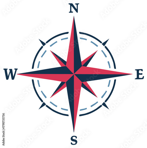 Stylish compass rose illustration featuring red, navy, and light blue elements denoting north, south, east, and west directions