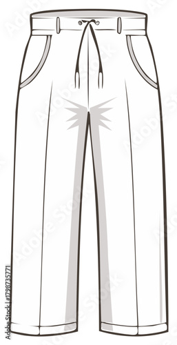 Fashion flat sketch of wide leg trousers with a drawstring waist and side pockets