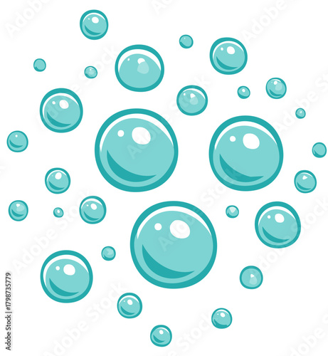 Cartoon bubbles illustration floating on white, stylized water droplets, clean and refreshing
