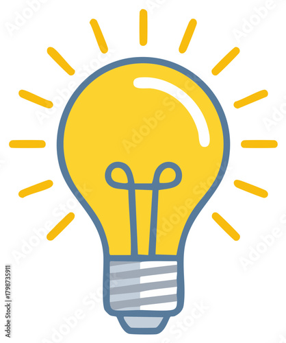 Cartoon Light Bulb with Radiating Rays Represents Innovation and Inspiration