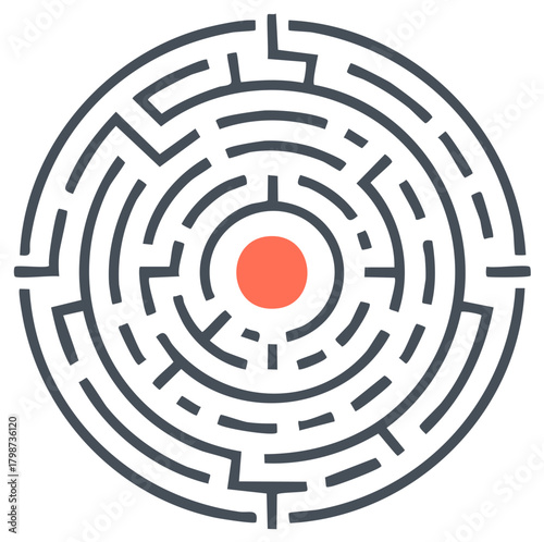 Complex circular maze puzzle graphic with a path to the red target center goal