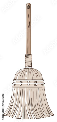 Illustration of Classic Broom: Wooden Handle, Bristles for Cleaning, Sweeping