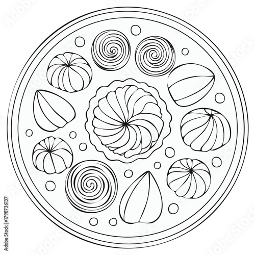 Circular coloring page design featuring a platter of various decorative sweets and candies