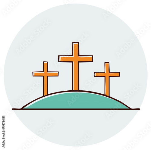 Three Christian Crosses on a Hilltop Simple Line Illustration