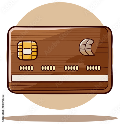 Unique wood grain textured credit card with secure payment chip and signature strip modern illustration