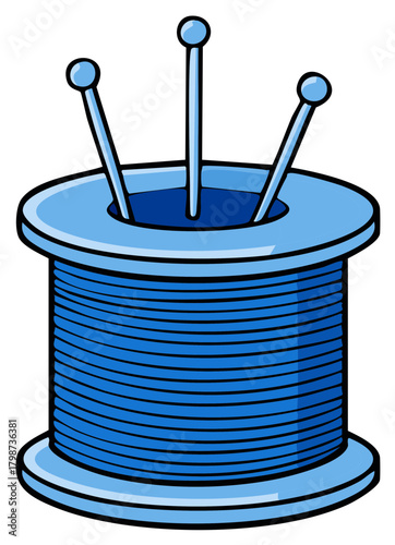 Blue spool of thread with three pins stuck in the top