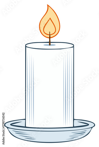 Lit Candle with Flame on a Plate, Vector Illustration
