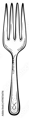 Black and white hand drawn fork illustration, silverware utensil for food and dining.