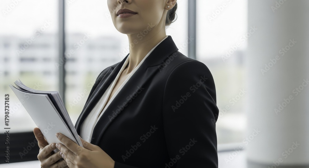 Fototapeta premium Businesswoman with documents in office, focused professional look