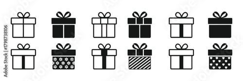 birthday, category:, assortment, rows, bow, solid, description:, snowflakes, wrapped, illustration, gift, outlines, patterned, design, collection, christmas, celebration, well, arranged, icon, black, 