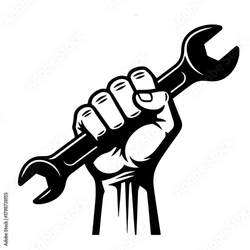 Hand holding a wrench tool in a raised fist gesture symbolizing power and mechanical work concept