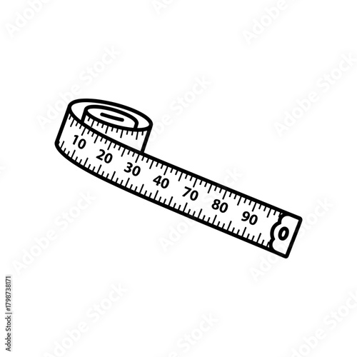 Illustration of a flexible measuring tape with visible measurements and coiled section shown in black outline