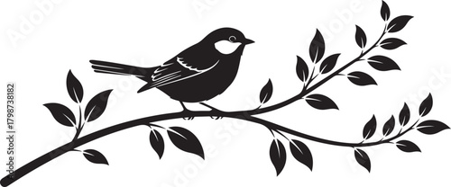 Black silhouette of a small bird perched on a leafy branch Keywords: bird, perched, branch, leaves, foliage