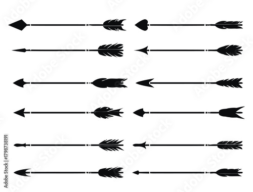 arrow, feather, design, illustration, graphic, symbol, direction, vintage, retro, tribal, western, bow and arrow, projectile, weapon, wild west, native american, decorative, element, collection, set, 