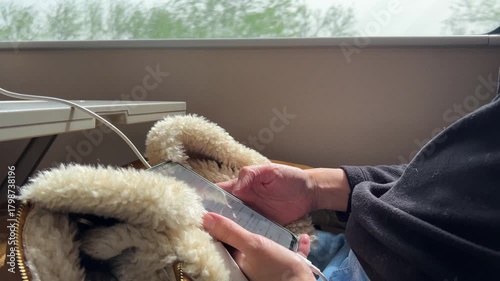 Close up View of Woman Using Smartphone to Read Social Media While Travel by Train