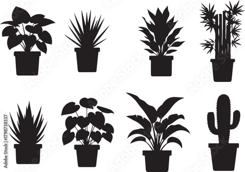 Collection of eight black silhouette potted houseplants in various shapes and sizes