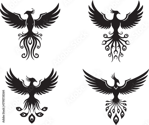 Four stylized black phoenix bird silhouettes with ornate tails mythical creature