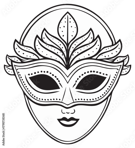 Elegant masquerade mask with ornate feather decoration, illustration for festive celebrations