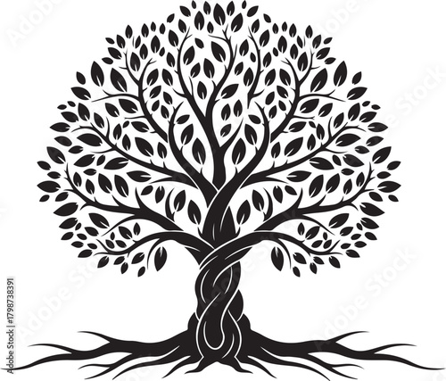 Intricate black silhouette of a stylized tree with a twisted trunk and extensive root system