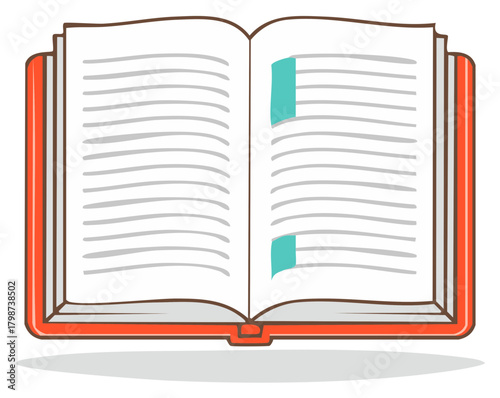 Hand drawn vector illustration of an open book with text and bookmarks for reading and education