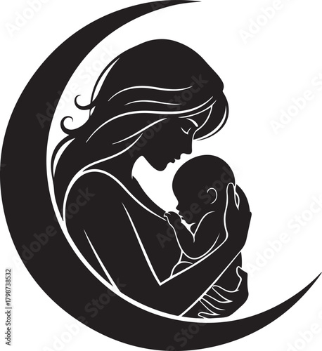 Silhouette of a mother holding a baby against a crescent moon on white background