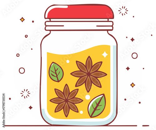 Glass Jar with Yellow Liquid Star Anise and Mint Leaves Illustration