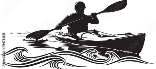 Silhouette of a person kayaking on water with stylized waves canoe paddling
