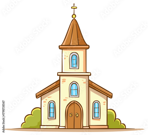 Charming cartoon church with steeple and arched windows