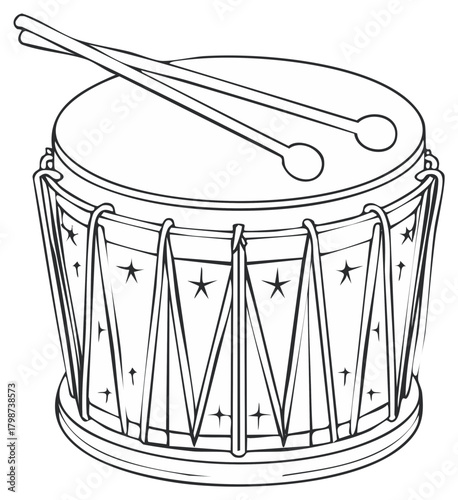 Line Art Drum with Sticks and Star Decorations for Music and Performance
