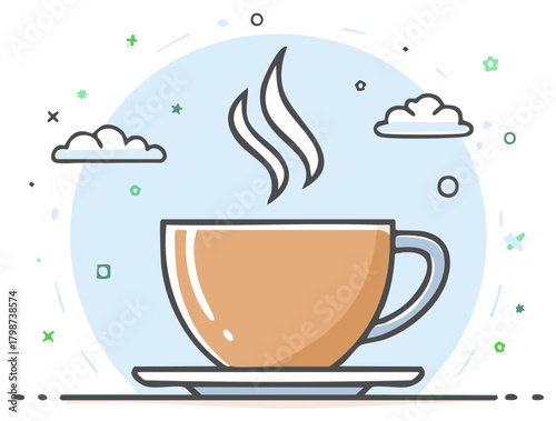 Cartoon illustration of a warm, steaming cup of coffee on a saucer, with clouds.