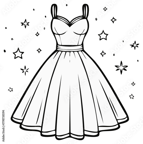 Elegant Dress with Stars Illustration, Outline Drawing, Party Concept