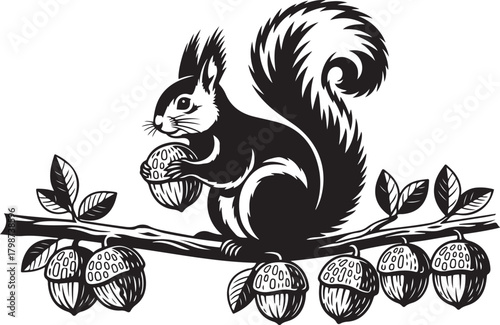 Silhouette of a squirrel holding nuts on a branch with leaves animal rodent