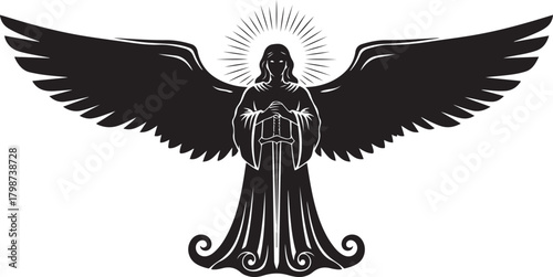 Silhouette of a winged figure holding a sword with radiating light Keywords: angel, silhouette, wings, sword