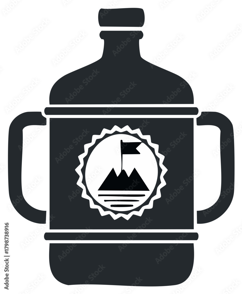 Obraz premium Monochromatic adventure canteen with mountain peak and flag emblem graphic