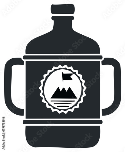 Monochromatic adventure canteen with mountain peak and flag emblem graphic