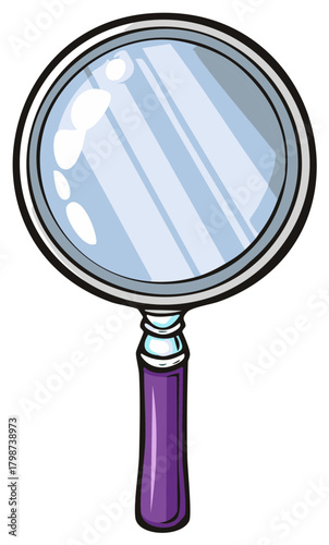 Classic cartoon magnifying glass with a purple handle for searching and investigation